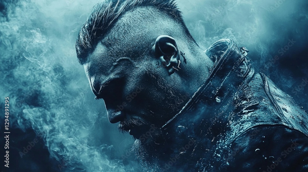 Fototapeta premium man striking mohawk haircut and faded undercut poses dramatically against moody backdrop exuding edgy and confident vibe in studio shoot.