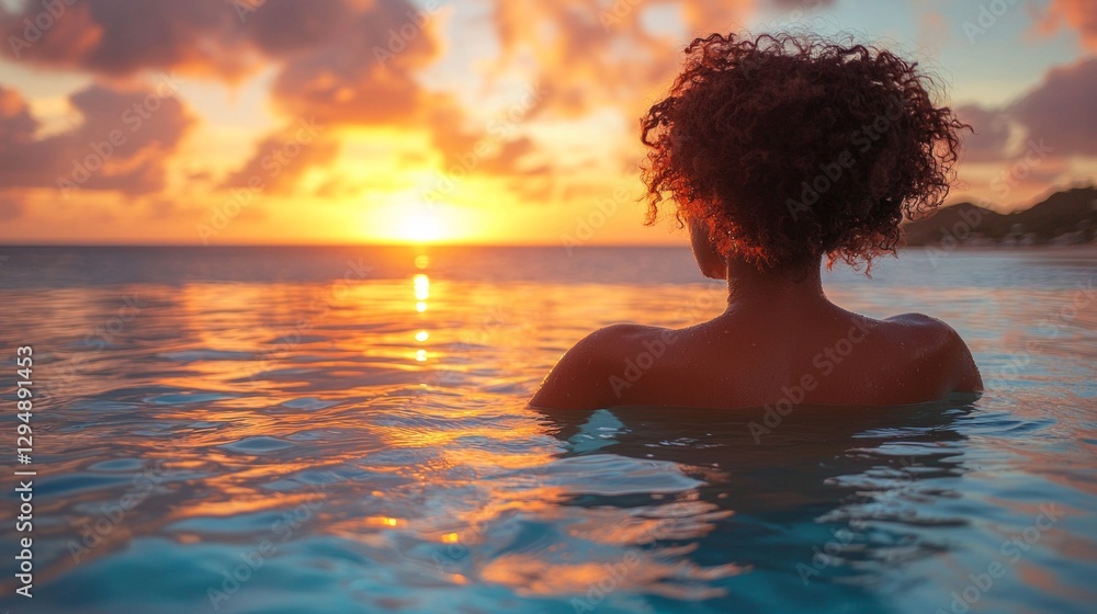 guest enjoys serene moment in infinity pool luxurious resort mesmerized golden sunset reflecting on ocean embodying relaxation and tranquility. guest enjoys serene moment in infinity pool luxurious resort mesmerized golden sunset reflecting on ocean embodying relaxation and tranquility.