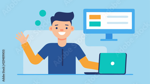 User Onboarding A support spet welcoming new users to the elearning platform guiding them through the onboarding process with inviting gestures and a warm smile.