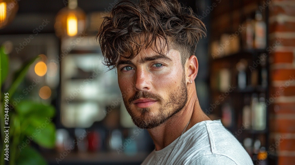 man showcases relaxed quiff hairstyle within casual barbershop. His voluminous top contrasts short tapered sides creating stylish look in inviting environment. man showcases relaxed quiff hairstyle within casual barbershop. His voluminous top contrasts short tapered sides creating stylish look in inviting environment.
