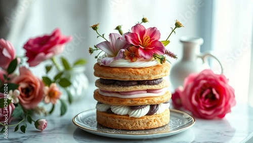 An ethereal setting where a layered pastry dessert adorned with vibrant edible florals is showcased