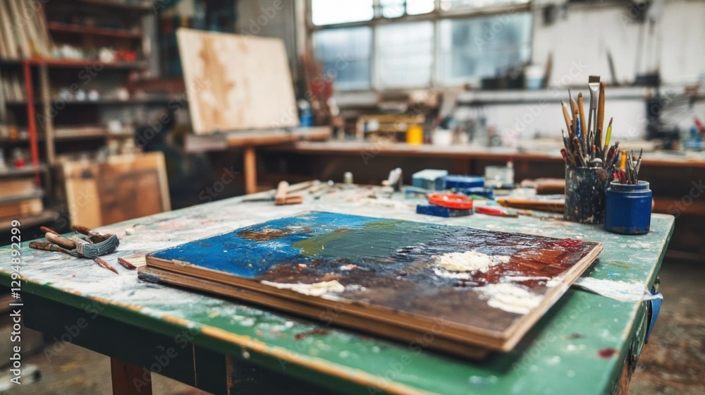Fototapeta premium An antique artwork rests on a colorful table amid scattered tools and paint, showcasing a creative workspace filled with textures and colors