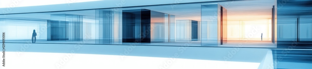 Fototapeta premium Futuristic Cityscape Minimalist Geometric Architecture with Transparent Structures and Blue Ambient Lighting