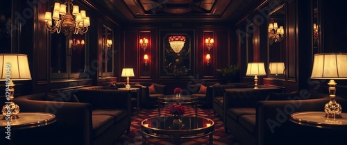 A moody, luxurious lounge with deep velvet sofas, gold-accented side tables, and art deco lighting