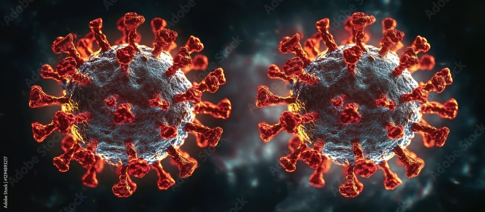 Microscopic View of Coronavirus Structure with Spike Proteins and Dramatic Lighting in 3D Rendering Microscopic View of Coronavirus Structure with Spike Proteins and Dramatic Lighting in 3D Rendering