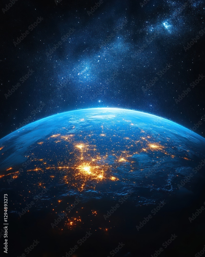 Obraz premium Earth from Space at Night with Glowing Cities and Starry Sky