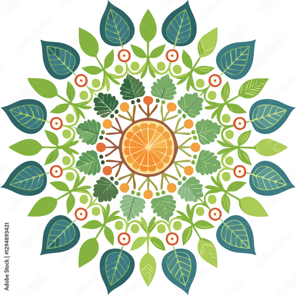 A vibrant mandala design featuring intricate floral patterns in shades of green, orange, and blue, radiating from a central circular motif. A vibrant mandala design featuring intricate floral patterns in shades of green, orange, and blue, radiating from a central circular motif.