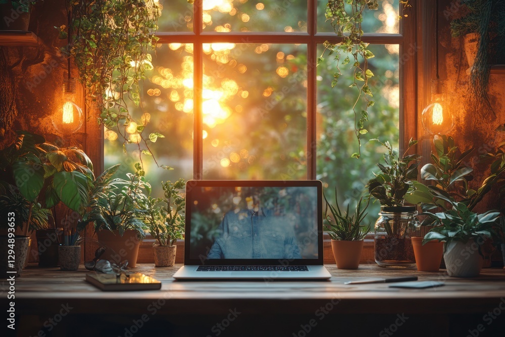 Man Working Remotely from Home Office with Laptop in Denim Shirt Man Working Remotely from Home Office with Laptop in Denim Shirt