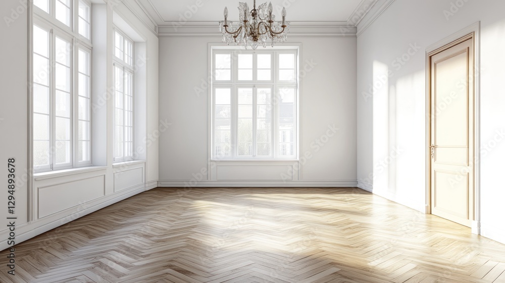 Empty bright room with herringbone floor, large windows, and chandelier. Empty bright room with herringbone floor, large windows, and chandelier.