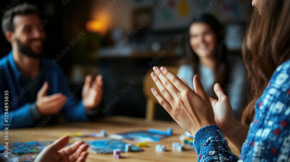 Fototapeta premium Hands enthusiastically clap in celebration at a cozy gathering, showcasing joy and connection among friends while playing games