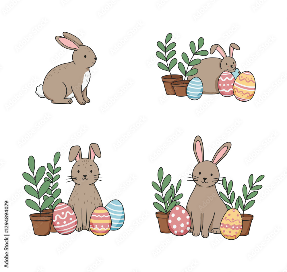 Fototapeta premium Cute Easter Bunny Clipart - Hand-Drawn Spring Illustration with Colorful Eggs, Plants, and Festive Decor