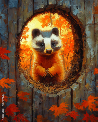 Charming Woodland Badger in Autumn Tree Hollow - Vibrant Autumn Leaves and Cozy Nature Scene on Rustic Tree Trunk Background Artfully Captured in Vector Illustration