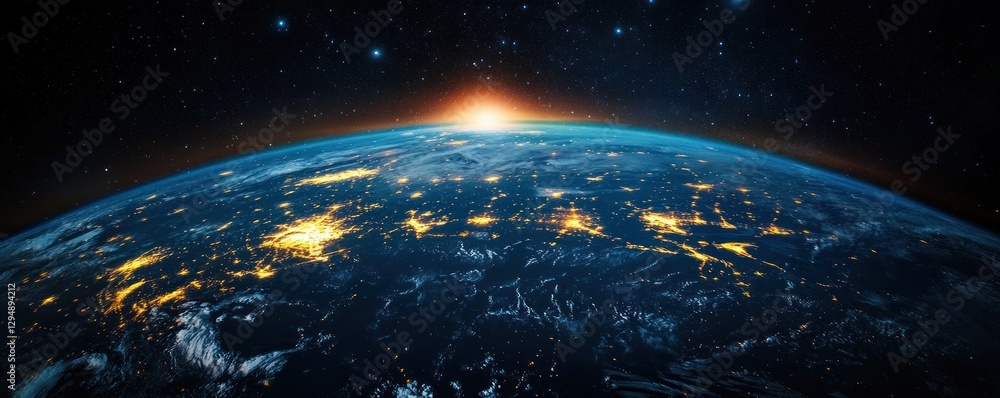 Obraz premium Earth View at Night Illuminated Cities and Continents Glowing Atmosphere Digital Painting