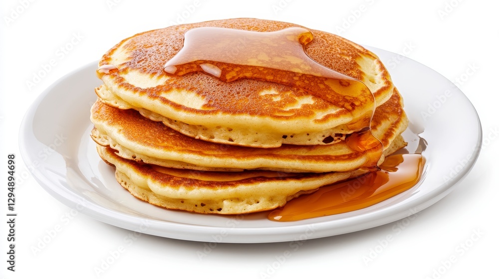 Fluffy Golden Brown Pancakes with Syrup on White Plate Fluffy Golden Brown Pancakes with Syrup on White Plate