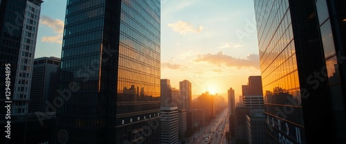 A towering glass skyscraper with sleek lines and reflective surfaces, bathed in golden sunset light