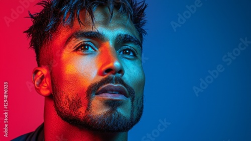 model showcases striking spiky haircut in high fashion barber studio. precise styling and vibrant lighting emphasize texture creating bold modern look for today's trendsetters.