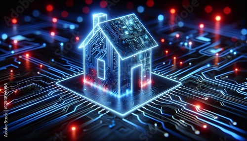 A futuristic smart home concept with glowing circuits and technology integration.

