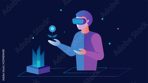 Virtual Sculptures An artist wearing AR glasses uses a virtual tool to shape a glowing holographic sculpture that hovers in front of them showcasing their creative process.