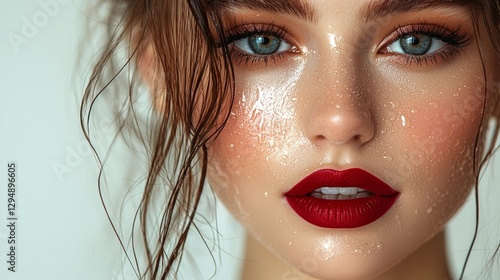 woman wet hair and bold red lipstick gazes confidently embodying modern beauty. moody backdrop enhances high fashion aesthetic ideal for luxury branding.