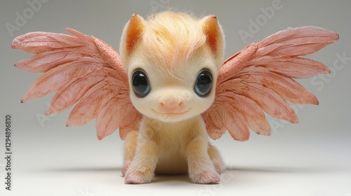 charming baby pegasus sits gracefully half folded wings. Its golden fur glimmers and bright blue eyes express pure innocence creating whimsical atmosphere.