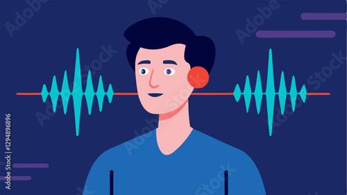 Voice Visualization A closeup of a voiceover artist animatedly speaking with visual sound waveforms and spectrograms in the background to represent voice analysis for AI.