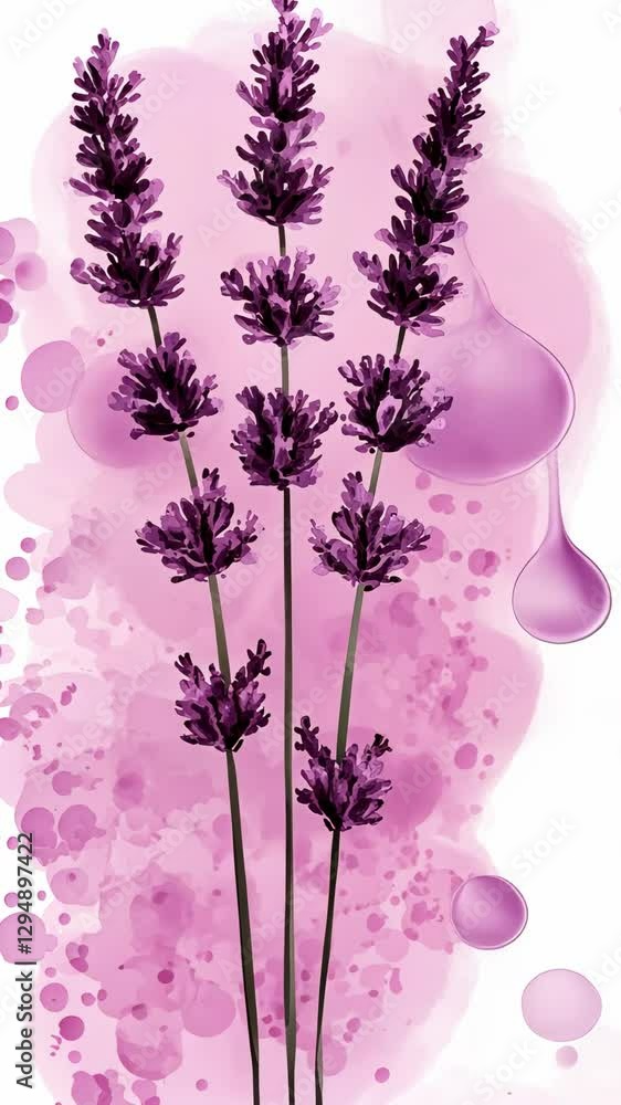 Lavender stalks arranged elegantly with pink watercolor accents creating a calming botanical decoration in a minimalist design