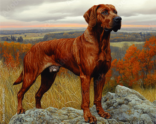 Majestic Rhodesian Ridgeback on Rocky Cliffs Amid Lush Autumn Forest Scenic Landscape at Sunset - Detailed Vector Art Perfect for Nature and Dog Lovers