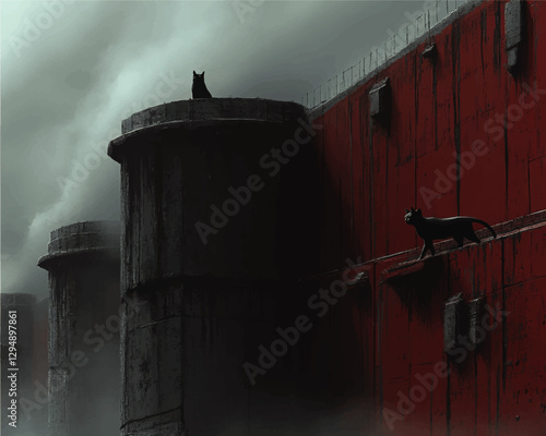 Mysterious Black Cats Silhouetted on Dark Red Industrial Walls with Mist and Moody Atmosphere - Vector Art of Urban Fantasy Nocturnal Cats on Concrete Structures