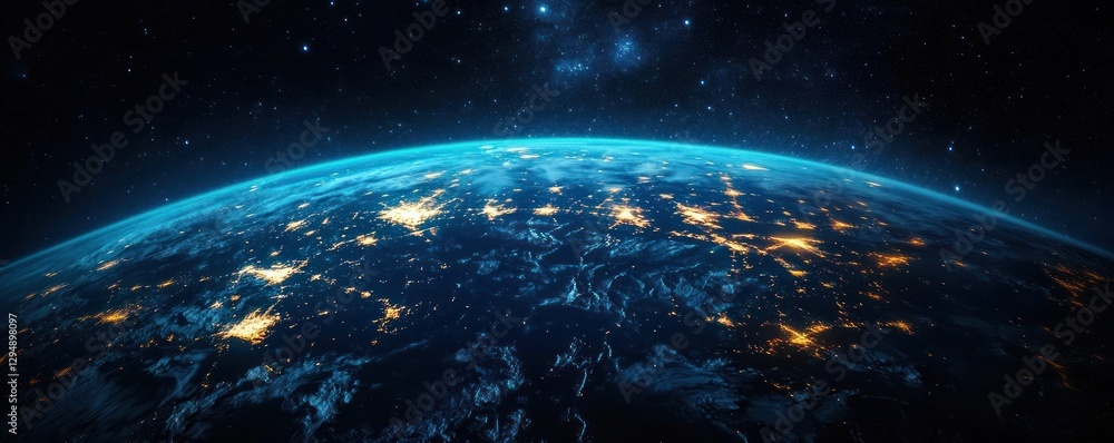 Obraz premium Earth View from Space Vibrant City Lights Night Starry Background Curvature
