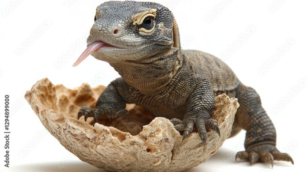 Obraz premium Captivating close up of baby Komodo dragon rough textured skin and flicking tongue. creature explores its surroundings against plain white backdrop.