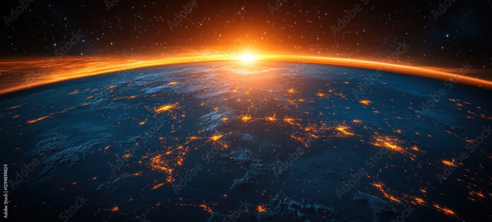 Obraz premium Illuminated Earth from Space at Night with City Lights and Stars