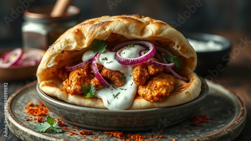 A naan bread sandwich filled with tandoori chicken, mint yogurt sauce, and pickled red onions, prese