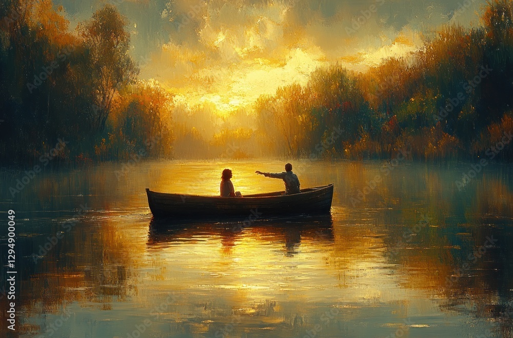 Couple Canoeing on Serene Lake Enjoying Nature and Togetherness