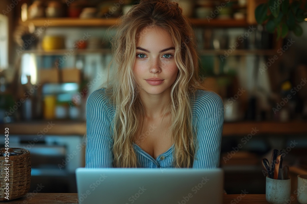 Freelancer working in cozy kitchen using laptop for online shopping and enjoying lifestyle moments in bright natural light Freelancer working in cozy kitchen using laptop for online shopping and enjoying lifestyle moments in bright natural light