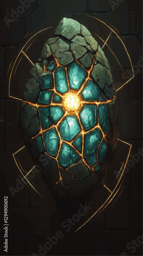 Mystical Glowing Stone with Blue Crystals and Radiant Center Against Dark Brick Wall - Enchanted Fantasy Art Illustration of a Cracked Magic Gem or Artefact