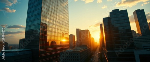 A towering glass skyscraper with sleek lines and reflective surfaces, bathed in golden sunset light