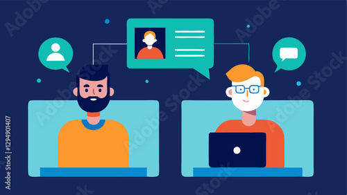 Virtual Collaboration A splitscreen illustration showing developers collaborating online with each on a video call sharing their screens displaying chatbot modules.
