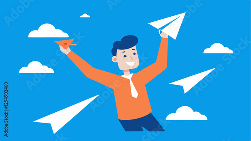 Viral Campaign An enthusiastic character launching paper airplanes labeled with catchy slogans into the sky showcasing the concept of viral marketing spreading rapidly.