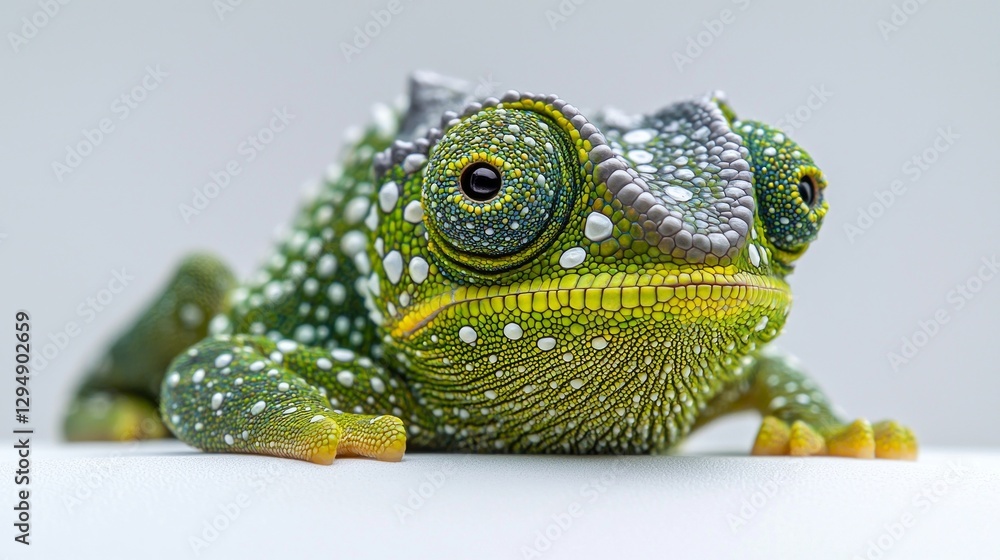 Fototapeta premium baby Jacksons chameleon clings white surface. Its vibrant green scales shimmer studio lights while tiny horns are just starting form creating enchanting display of nature.