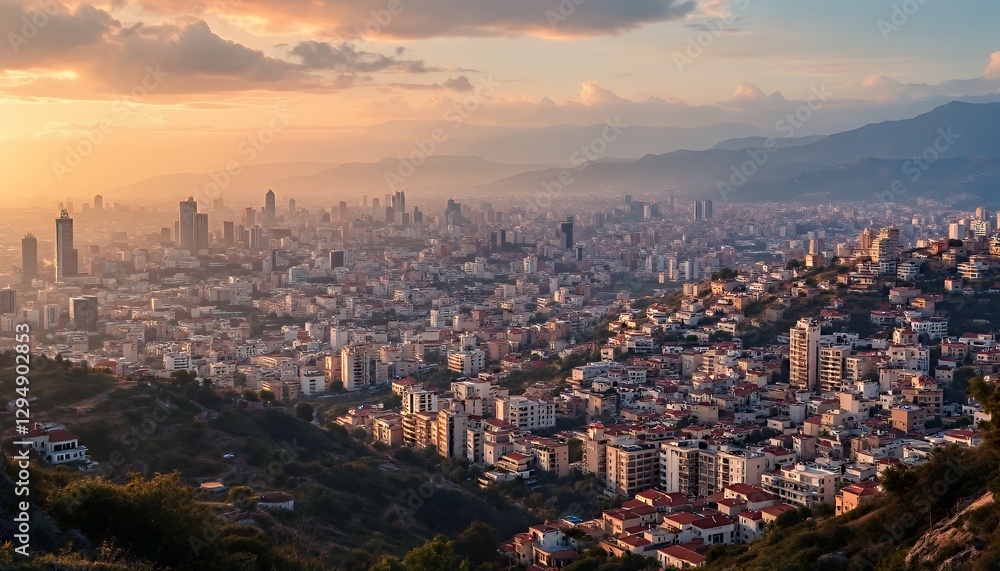 Obraz premium Golden Sunset Over a Hillside City: Panoramic View of Urban Sprawl