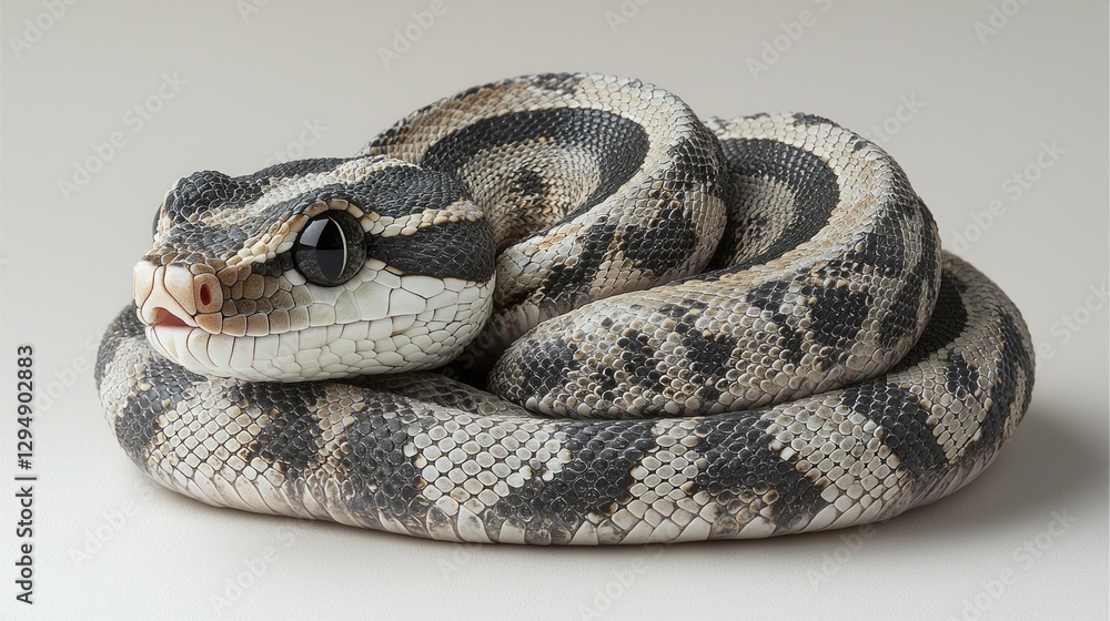 Obraz premium striking portrait features baby Gaboon viper curled up its geometric patterned scales create mesmerizing design against clean white backdrop as it flicks its tongue.