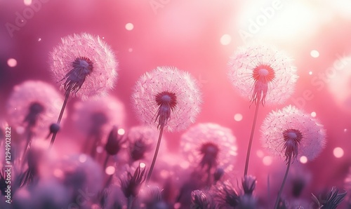 Dandelions Blowing in Wind Soft Watercolor Illustration on Pastel Pink Background