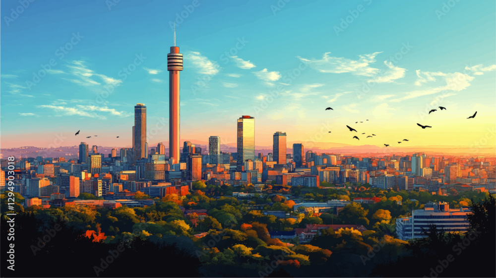Obraz premium Stunning Vector Art Cityscape of Johannesburg Skyline at Sunset Featuring Iconic Skyscrapers, Tower, and Vibrant Urban Landscape with Silhouetted Birds and Clouds