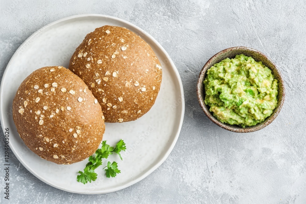 Delicious whole wheat buns with avocado dip kitchen food photography bright setting close-up healthy eating concept Delicious whole wheat buns with avocado dip kitchen food photography bright setting close-up healthy eating concept