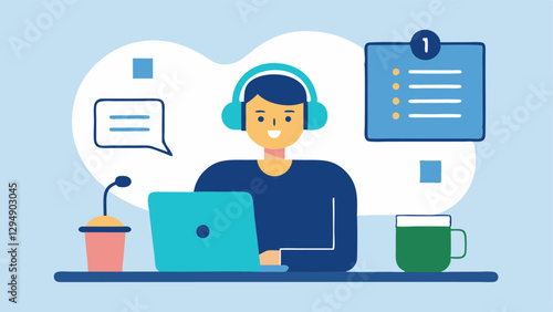 Webinar Management A technician sitting at a computer wearing headphones and monitoring the live chat from an online webinar with notes and a coffee cup on the desk.