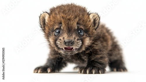 baby wolverine stands proudly thick dark fur its small body ready explore. sharp baby teeth on display it curiously sniffs air in bright setting.