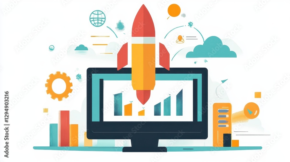 Obraz premium Business growth flat design front view startup theme cartoon drawing colored pastel. 