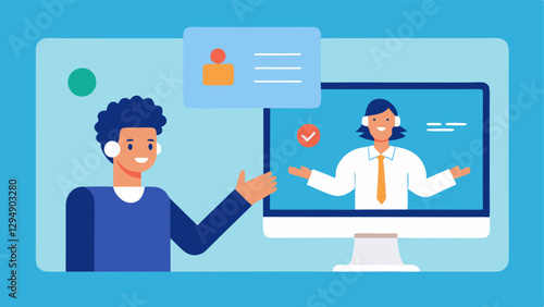 Video Call Assistance A support spet on a video call with a user represented by split screens with the spet explaining how to navigate a course interface while pointing at their