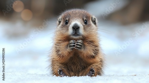 baby groundhog sits upright on white background its fluffy brown fur and round cheeks giving it cuddly appearance. Its tiny front paws are clasped together as if in prayer.