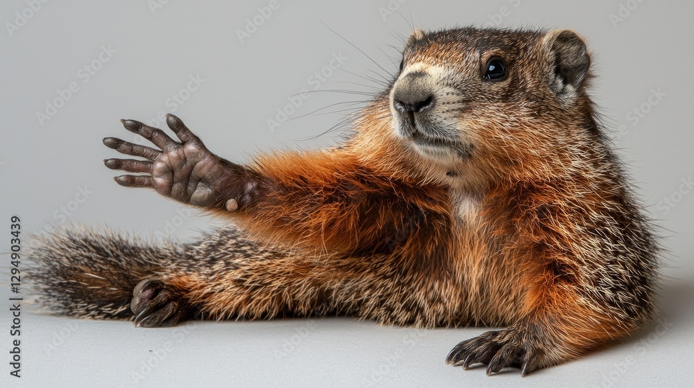 baby groundhog sits upright on white background its tiny front paws held together as if in prayer. creature's round cheeks and fluffy brown fur give it adorable teddy bear look. baby groundhog sits upright on white background its tiny front paws held together as if in prayer. creature's round cheeks and fluffy brown fur give it adorable teddy bear look.